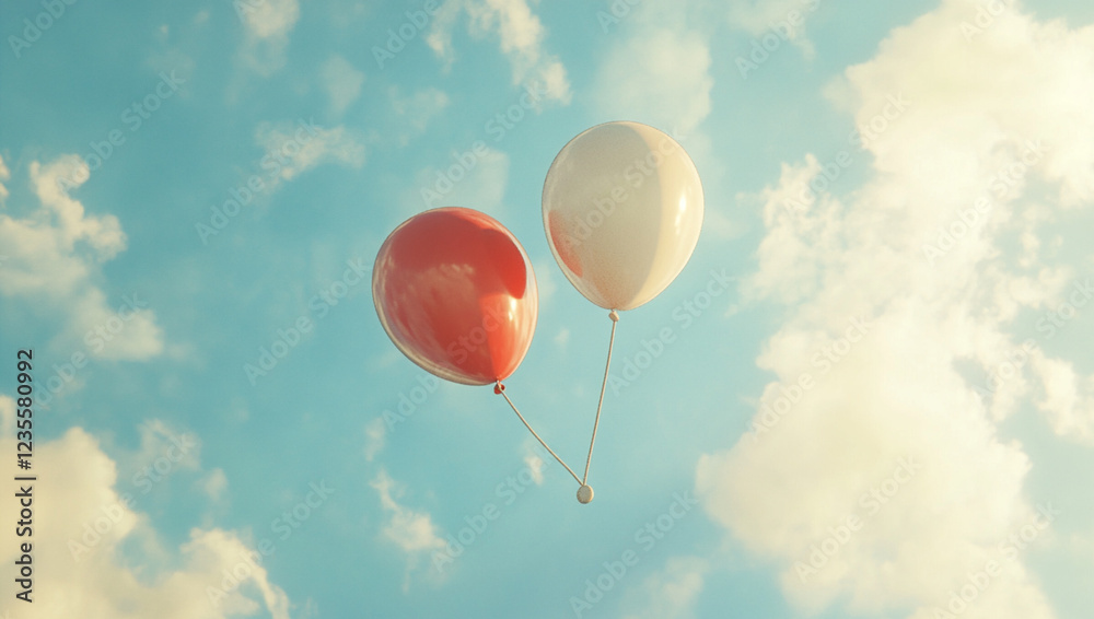 Fototapeta premium A top-down view of two balloons in different colors floating closely together, symbolizing love and destined connection. strings gently touch,The background is a vast, serene blue sky with soft clouds