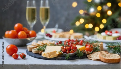 Festive Christmas Table Setting with Champagne, Appetizers, and Candle in Beautifully Decorated Surroundings
