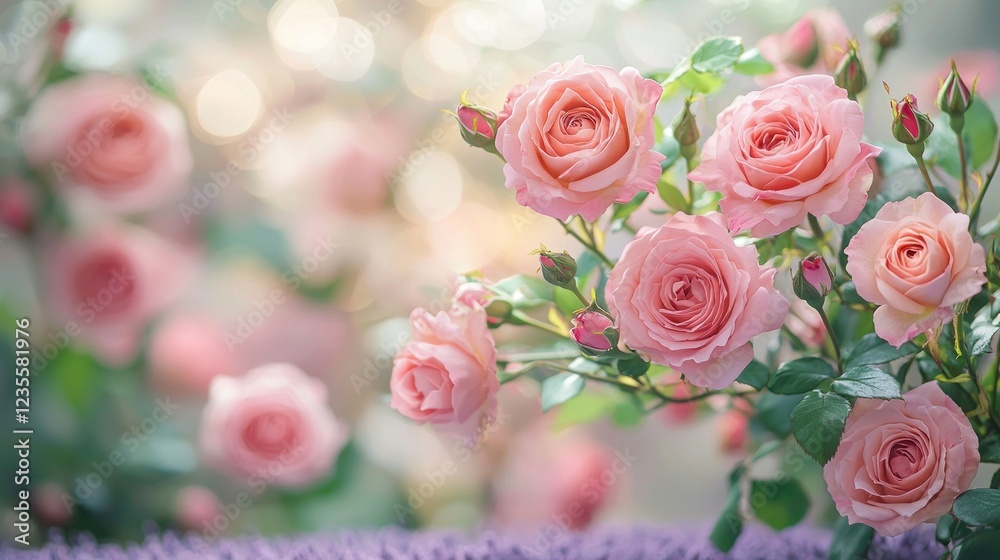Pink roses bouquet on blurred background, ideal for romantic themes Pink roses bouquet on blurred background, ideal for romantic themes