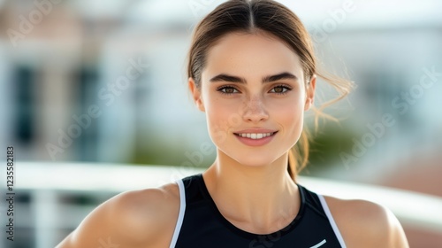 Close-up portrait of a young woman with long dark hair, wearing a black athletic top, standing outdoors in bright sunlight, smiling softly Free Download Close-up portrait of a young woman with long dark hair, wearing a black athletic top, standing outdoors in bright sunlight, smiling softly - GFXLoad