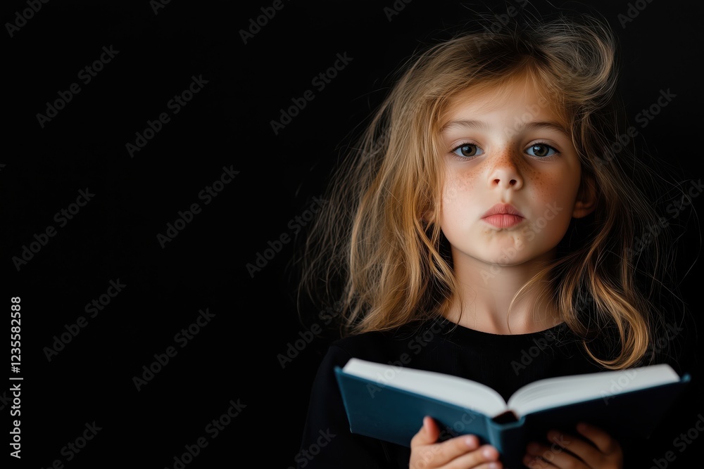Close-up portrait of a serious young girl with natural beauty and a thoughtful expression, captured against a black background Close-up portrait of a serious young girl with natural beauty and a thoughtful expression, captured against a black background