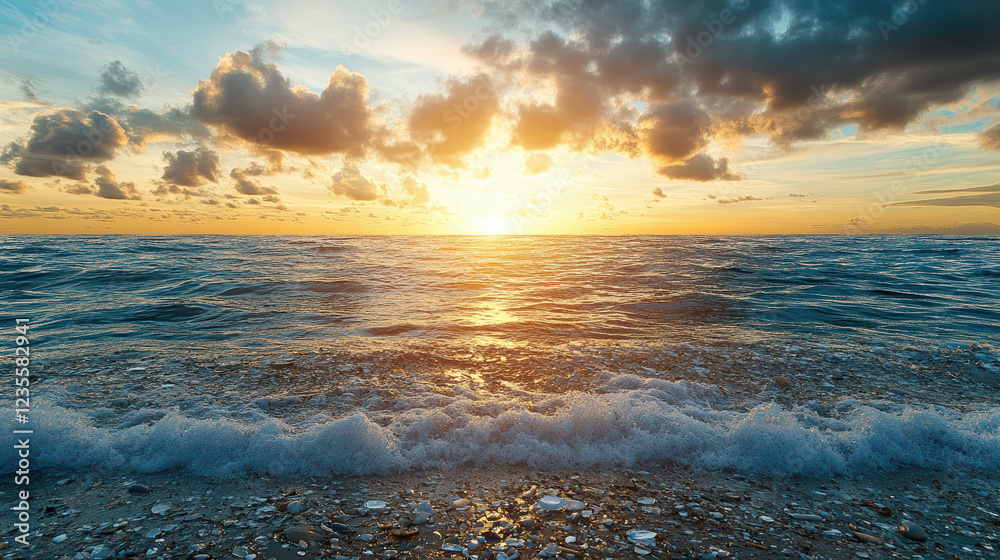Obraz premium stunning ocean sunset with waves gently crashing on shore