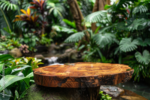 Tropical Foliage Backdrop with Rustic Wood Slab Display Platform, Ideal for Product Designs photo