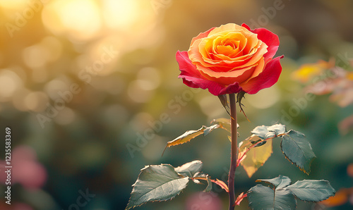 A vibrant rose blooms in warm sunlight, showcasing its red and orange petals against a blurred garden backdrop.