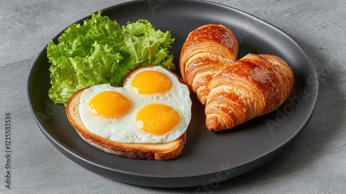 Romantic breakfast heart-shaped eggs, croissant, lettuce photo