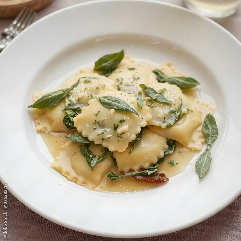 Handmade Ravioli with Ricotta, Spinach, and Sage Butter Sauce Served on an Elegant White Plate Handmade Ravioli with Ricotta, Spinach, and Sage Butter Sauce Served on an Elegant White Plate