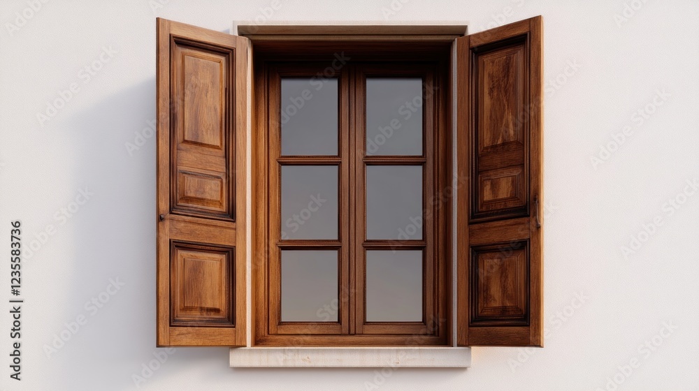Open wooden shutters on window, white wall, sunny day, home design Open wooden shutters on window, white wall, sunny day, home design