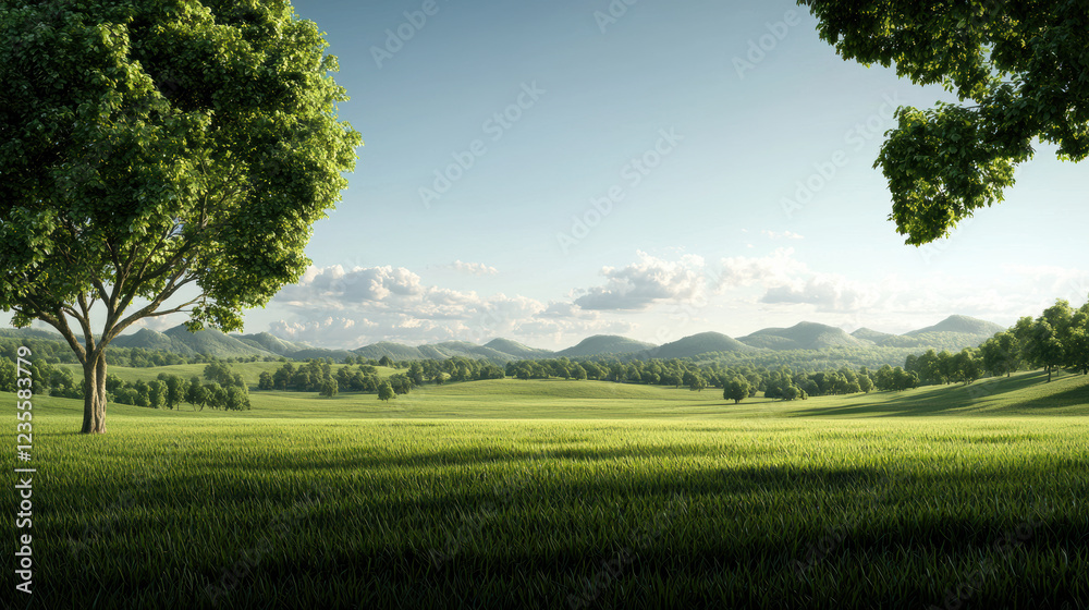 Obraz premium Serene Landscapes, A serene landscape featuring lush green fields, distant hills, and clear skies, perfect for nature enthusiasts and relaxation.