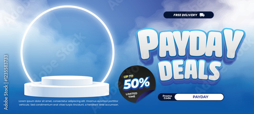 Payday Shopping Sale discount deals Light Blue gradient exclusive White Circle light podium showcase Stage Cloudy Horizontal banner Template