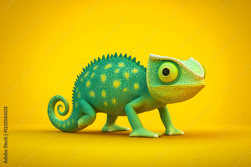 Obraz premium chameleon on a yellow background, chameleon on a blank yellow background, a chameleon, chameleon, cute chameleon, yellow background, Copy Space For Add Text 3D Rendering, 3D, Vector, AI Generative