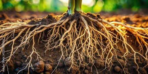 Detailed image of a plant's root system in nutrient-rich soil with fine hair-like roots and a robust taproot , photosynthesis, nature