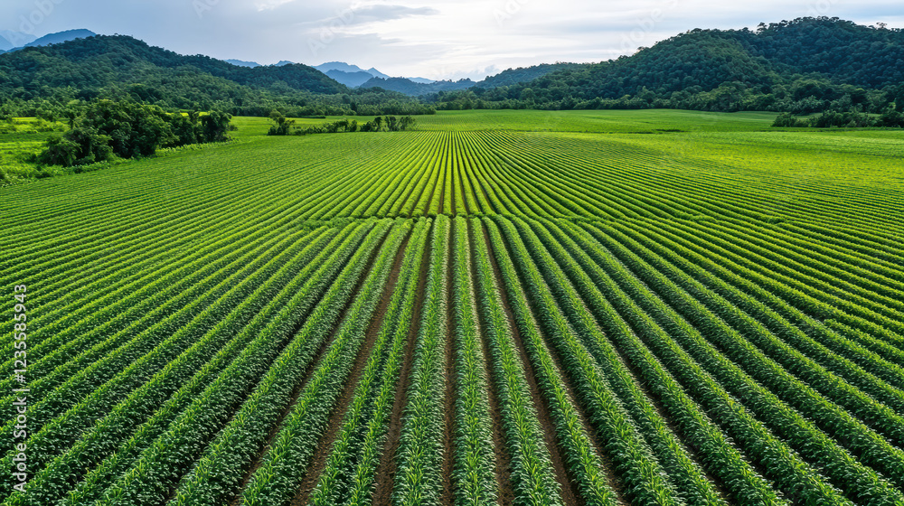 Lush green farm field with rows of crops and mountains in background Lush green farm field with rows of crops and mountains in background