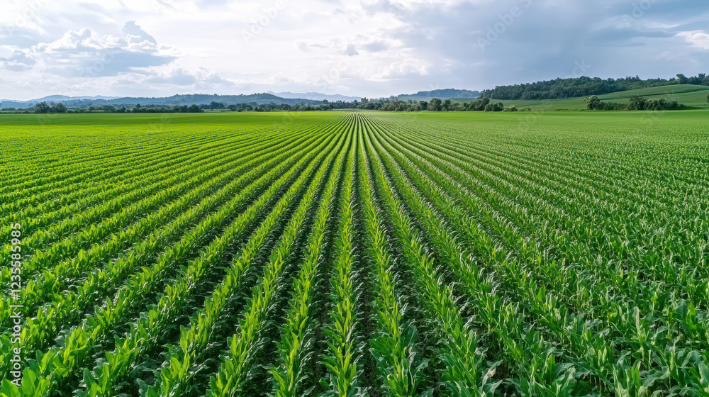 Lush green cornfield with rows of crops under cloudy sky Lush green cornfield with rows of crops under cloudy sky