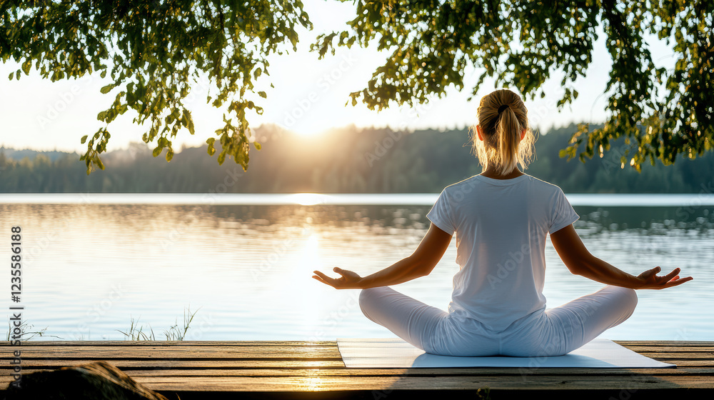 Fototapeta premium serene morning yoga session by lake, embracing nature beauty