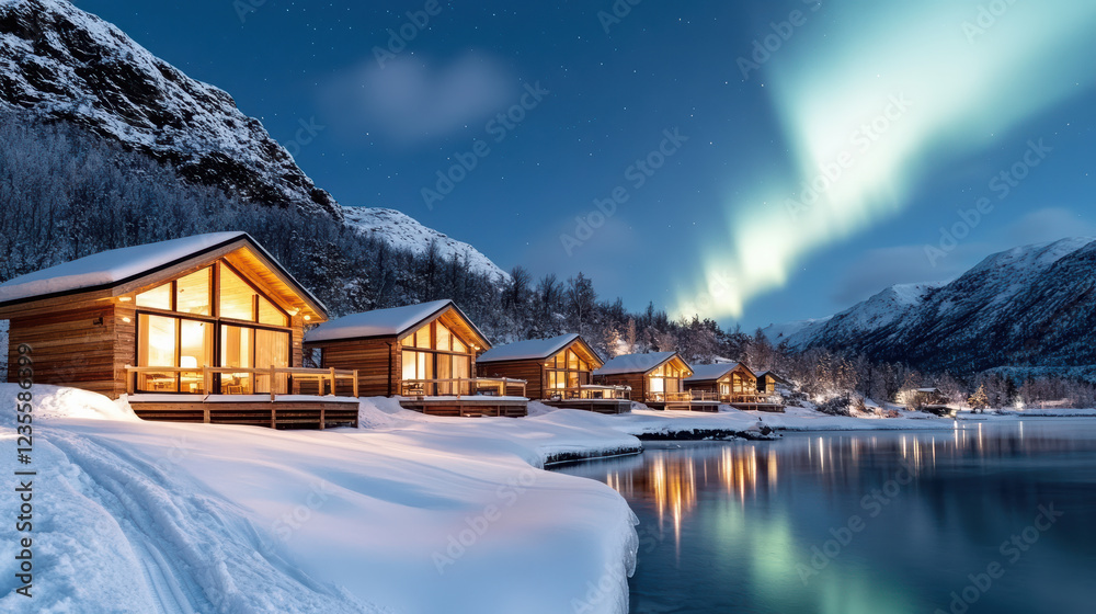 Fototapeta premium serene winter scene featuring cozy cabins by snowy lake under northern lights