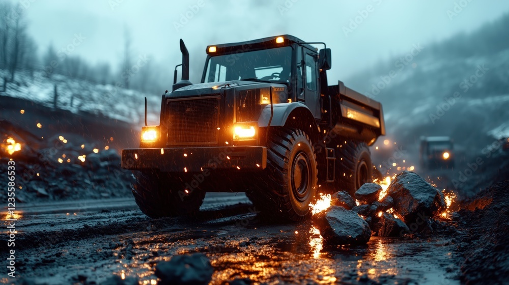 At dusk, a bulldozer moves large rocks at a construction site. machinery glows with lights, illuminating the rugged landscape filled with smoke and debris At dusk, a bulldozer moves large rocks at a construction site. machinery glows with lights, illuminating the rugged landscape filled with smoke and debris