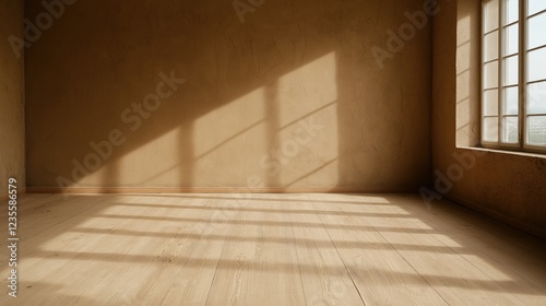 Sunlight shines through spacious windows in an empty room, casting soft shadows on the wooden floor and highlighting the warm tones of the walls during daylight hours