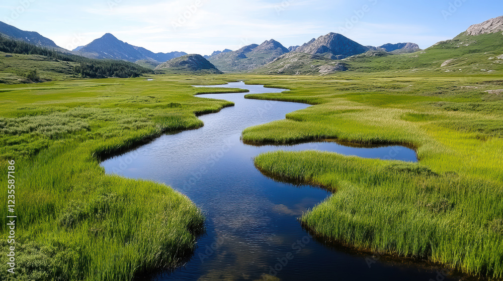 Lush wetland ecosystem with winding river and mountains in background