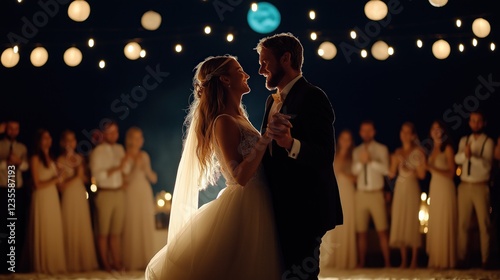 newlywed couple shares a romantic first dance at their wedding reception, surrounded by warm, glowing lights and guests celebrating in the evening atmosphere