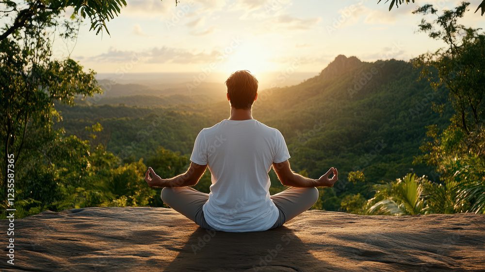 Fototapeta premium serene nature setting where person is meditating at sunset