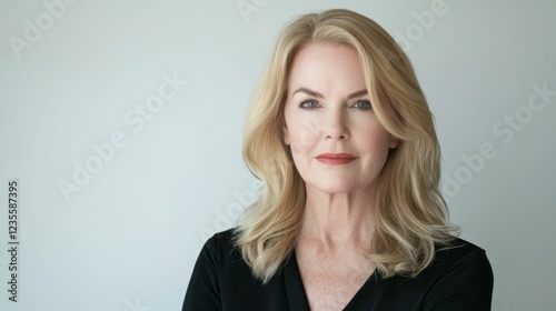 portrait of attractive caucasian woman blonde with long hair 60 years old model appearance, white background