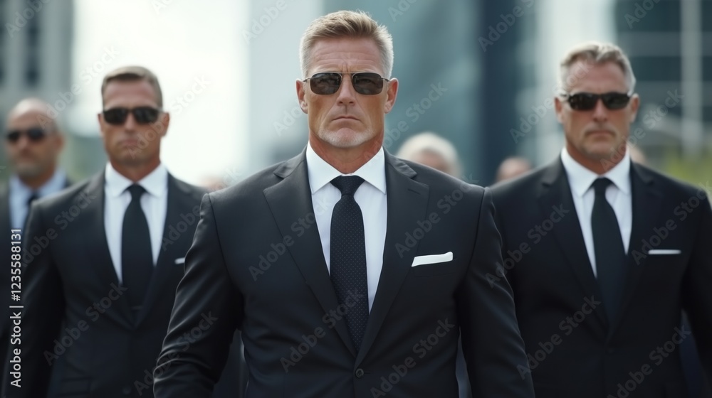 group of men dressed in black suits and sunglasses walks together in a professional manner. They exude confidence and authority, surrounded by a modern city backdrop on a sunny day group of men dressed in black suits and sunglasses walks together in a professional manner. They exude confidence and authority, surrounded by a modern city backdrop on a sunny day