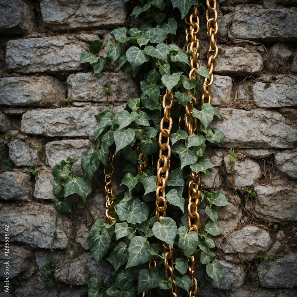 A gold chain intertwined with ivy vines on an old stone wall. A gold chain intertwined with ivy vines on an old stone wall.