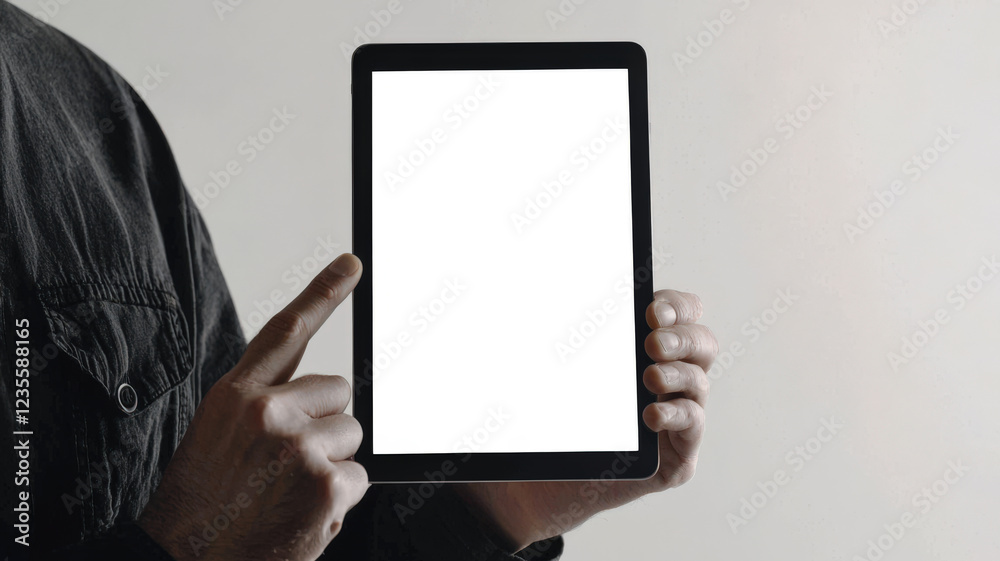 The man points his finger at a tablet with an empty white screen. Tablet mockup. The guy is holding a tablet in his hands to demonstrate a website or tablet application The man points his finger at a tablet with an empty white screen. Tablet mockup. The guy is holding a tablet in his hands to demonstrate a website or tablet application