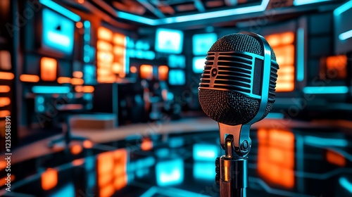 Close Up of Retro Microphone in Modern Broadcast Studio with Neon Lighting