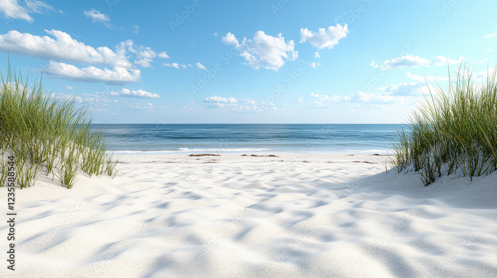 serene beach scene with soft sand and gentle waves under blue sky serene beach scene with soft sand and gentle waves under blue sky