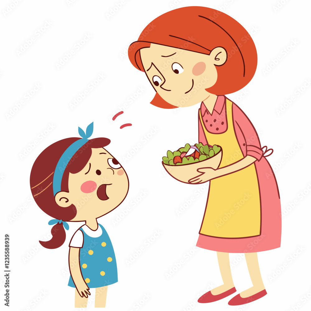 Mother Offering Healthy Salad to Hesitant Child Mother Offering Healthy Salad to Hesitant Child