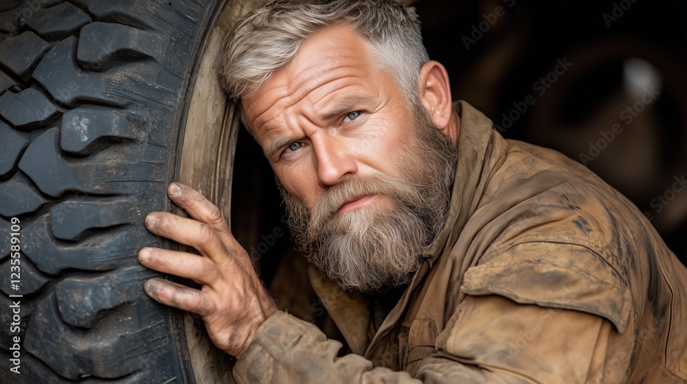Obraz premium skilled mechanic inspects a large tire in a workshop filled with tools and equipment. His rugged appearance and focused expression reflect years of hands-on experience in the automotive field