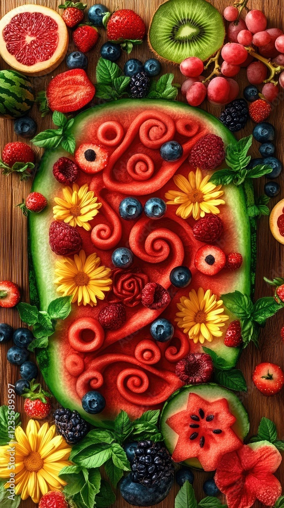 Vibrant arrangement of carved fruits and flowers on a wooden surface, showcasing artistic edible design Vibrant arrangement of carved fruits and flowers on a wooden surface, showcasing artistic edible design