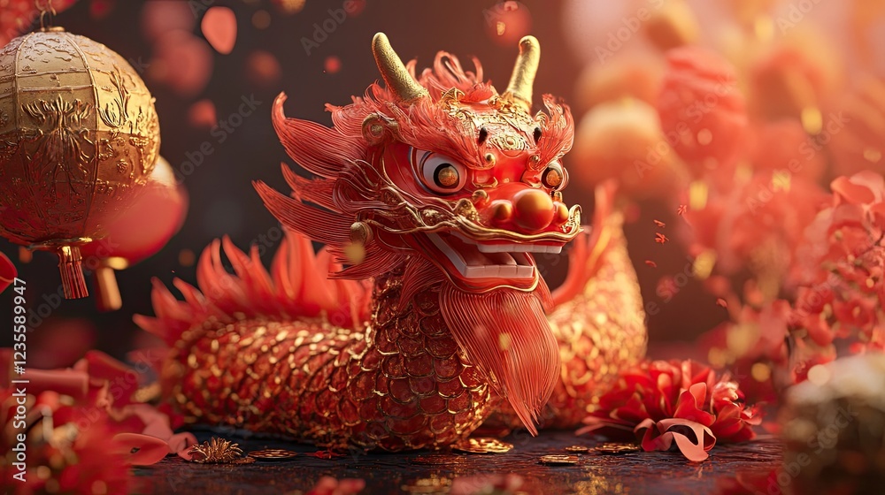 Fototapeta premium Red Chinese dragon decoration with lanterns.