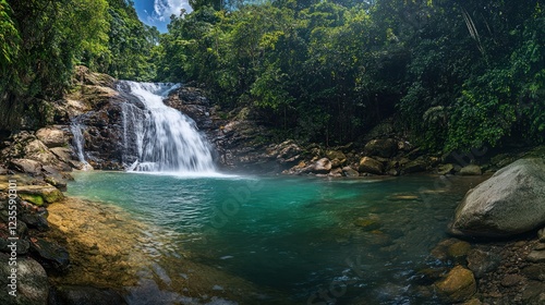 Tropical Waterfall Pool, Lush Jungle, Tranquil Scene, Nature Escape