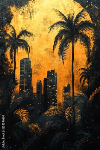 Golden Sunset Cityscape with Palm Trees