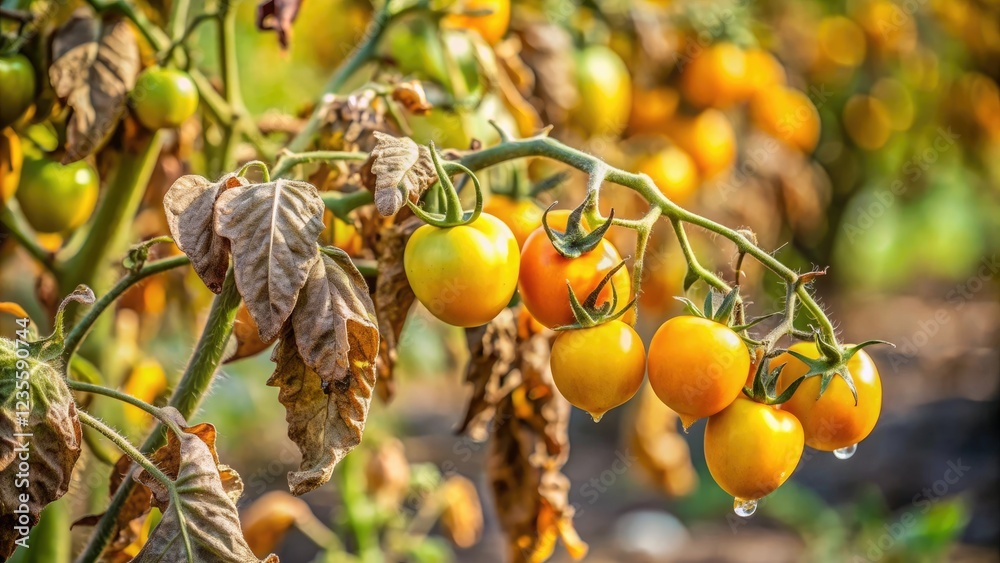 A tomato plant with yellowing leaves and fruiting branches in a dry garden environment, vegetable gardens, wilted leaves, garden damage, botanicals, drought stress A tomato plant with yellowing leaves and fruiting branches in a dry garden environment, vegetable gardens, wilted leaves, garden damage, botanicals, drought stress