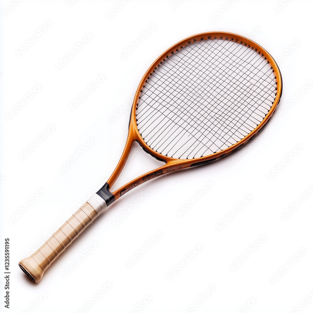 Close up of a tennis racket with a white grip on a plain white background shot Close up of a tennis racket with a white grip on a plain white background shot