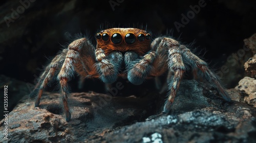 Jumping spider on rock, night forest background, macro wildlife photo, nature