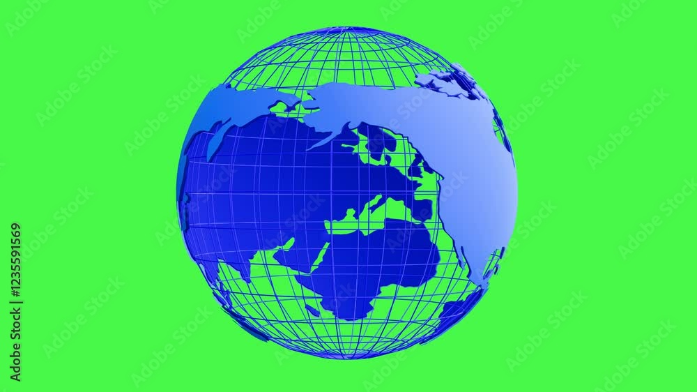 A simple rotating green neon wireframe globe with 3D world map on transparent greenback background created by procedural geometric 3D modeling seamless looping cartography animation.