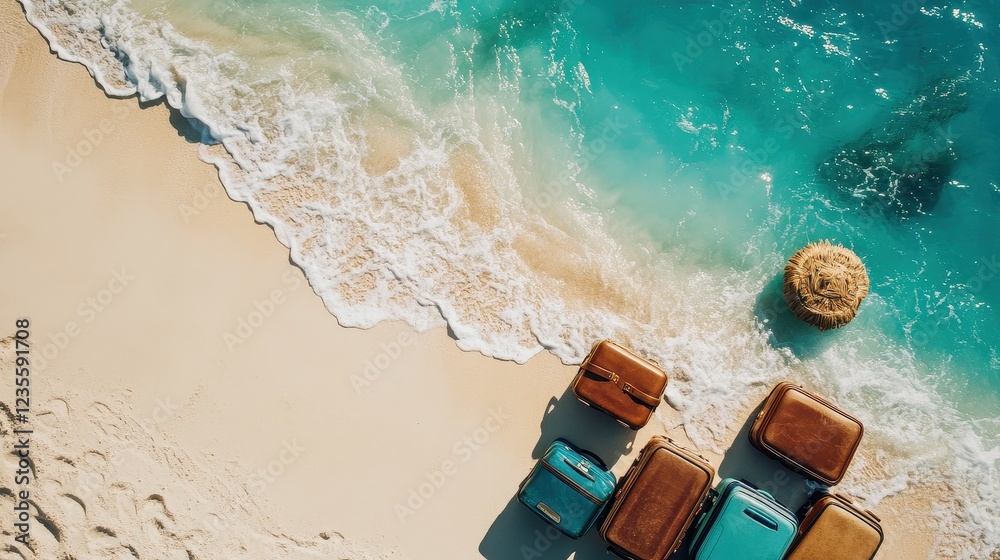 Naklejka premium Top view tourists' suitcases are lying on the beach. 