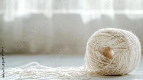 Cream yarn ball near window, sunlight, craft photo