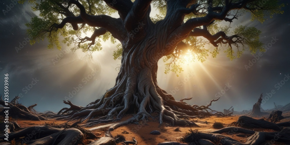 Fototapeta premium A tree with roots stretching into the void of a black hole, its trunk thick and gnarled with age , roots, universe, darkness