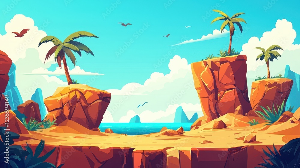Obraz premium Tropical Island Beach Scene With Palm Trees And Rocks