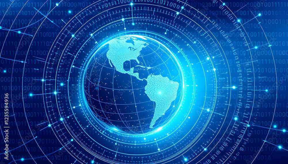 digital globe, Earth, hologram, blue technology background, binary code, futuristic interface, global network, data connections, circular design, glowing nodes, cybersecurity concept, digital transfor