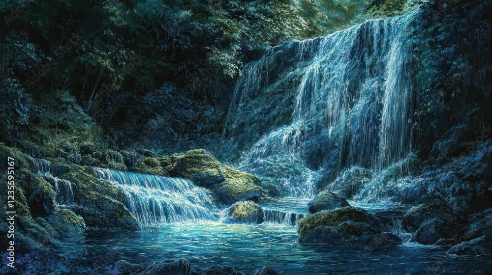 Serene waterfall cascades down mossy rocks in lush forest, tranquil nature scene, ideal for relaxation Serene waterfall cascades down mossy rocks in lush forest, tranquil nature scene, ideal for relaxation
