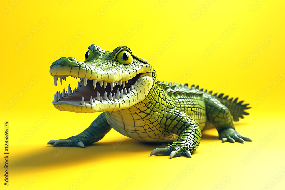Fototapeta premium crocodile on a yellow background, crocodile on a blank yellow background, a crocodile, crocodile, cute crocodile, yellow background, Copy Space For Add Text 3D Rendering, 3D, Vector, AI Generative