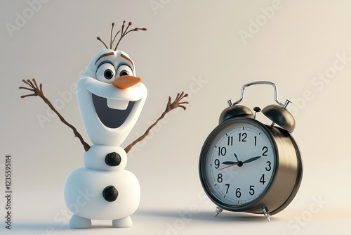 A 3D-rendered Olaf figurine pointing excitedly at a ringing alarm clock on a white surface.