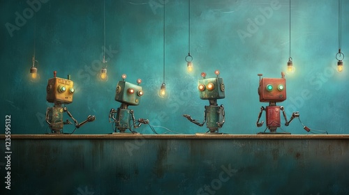 Four colorful robots are working together in a dimly lit workshop, surrounded by warm hanging lights. They are intently focusing on their tasks, showcasing teamwork and creativity.