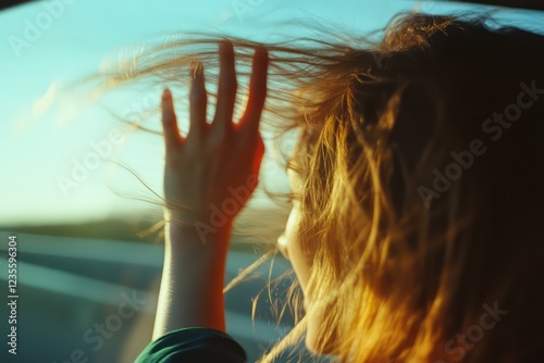 A young womanâ€™s hand catching the wind outside a moving car, symbolizing freedom and adventure during a road trip. photo